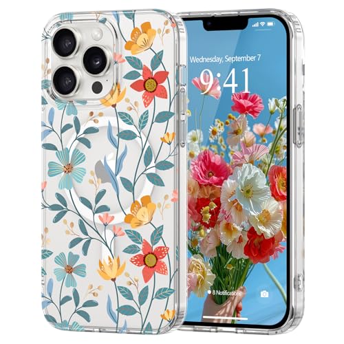 Pepmune Magnetisch Handyhülle für iPhone 13 Pro Max Hülle [Kompatibel mit Magsafe] Blumen Muster Transparent Case Durchsichtig Hard PC Silikon Bumper Stoßfest Schutzhülle für iPhone 13 Pro Max Gelb von Pepmune