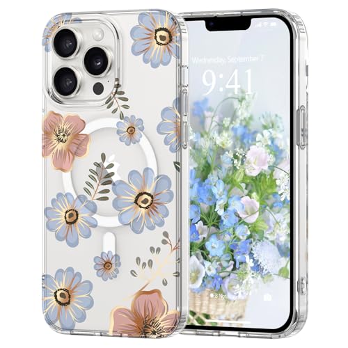 Pepmune Magnetisch Handyhülle für iPhone 13 Pro Max Hülle [Kompatibel mit Magsafe] Blumen Muster Transparent Case Durchsichtig Hard PC Silikon Bumper Stoßfest Schutzhülle für iPhone 13 Pro Max Blau von Pepmune