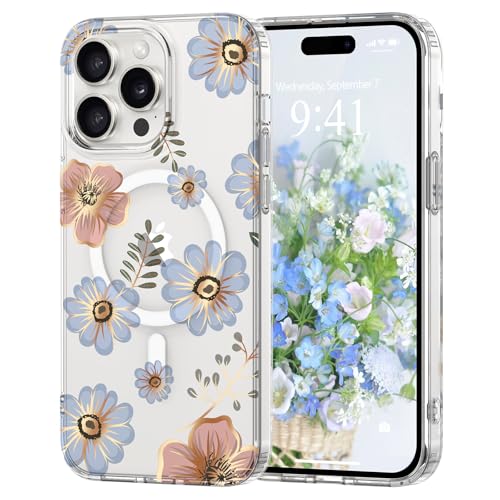 Pepmune Magnetisch Handyhülle für iPhone 14 Pro Max Hülle [Kompatibel mit Magsafe] Blumen Muster Transparent Case Durchsichtig Hard PC Silikon Bumper Stoßfest Schutzhülle für iPhone 14 Pro Max Blau von Pepmune
