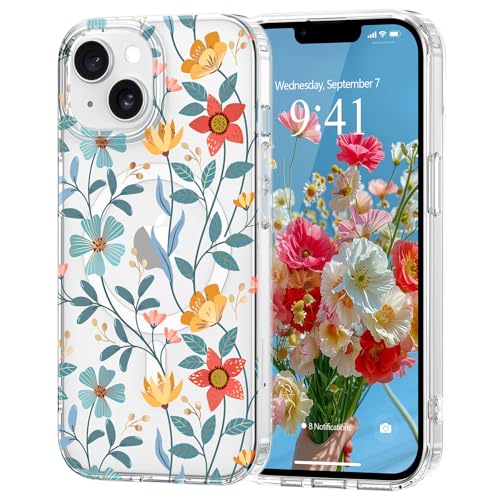 Pepmune Magnetisch Handyhülle für iPhone 14 iPhone 13 Hülle [Kompatibel mit Magsafe] Blumen Muster Transparent Case Durchsichtig Hard PC Silikon Bumper Stoßfest Schutzhülle für iPhone 13/14 Gelb von Pepmune