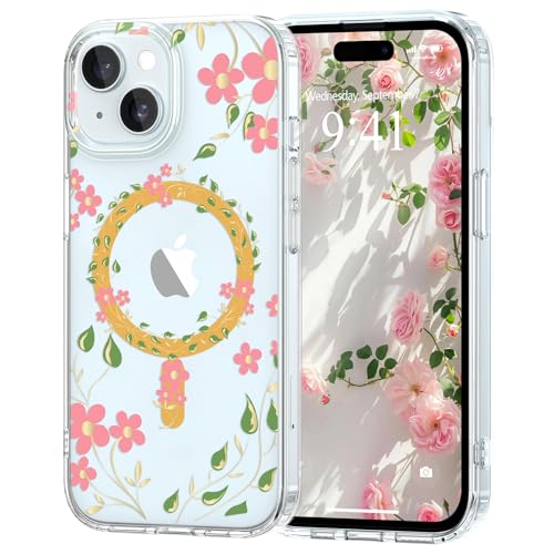 Pepmune Magnetisch Handyhülle für iPhone 15 Hülle Kompatibel mit Magsafe Transparent Blumen Muster Case Hard PC Silikon Bumper Stoßfest Schutzhülle für Mädchen Frauen für iPhone 15 Hellrosa von Pepmune