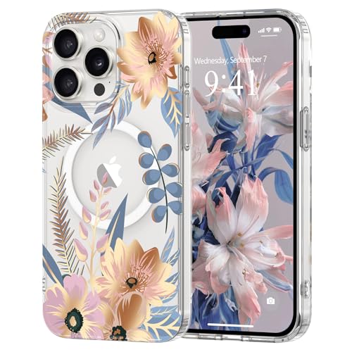 Pepmune Magnetisch Handyhülle für iPhone 15 Pro Hülle [Kompatibel mit Magsafe] Blumen Muster Transparent Case Durchsichtig Hard PC Silikon Bumper Stoßfest Schutzhülle für iPhone 15 Pro Rosa von Pepmune