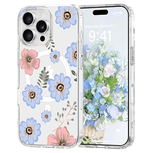 Pepmune Magnetisch Handyhülle für iPhone 16 Pro Max Hülle Kompatibel mit Magsafe Transparent Blumen Muster Case Hard PC TPU Bumper Stoßfest Schutzhülle für Mädchen Frauen für iPhone 16 Pro Max Blau Pepmune Magnetisch Handyhülle für iPhone 16 Pro Max Hülle Kompatibel mit Magsafe Transparent Blumen Muster Case Hard PC TPU Bumper Stoßfest Schutzhülle für Mädchen Frauen für iPhone 16 Pro Max Blau von Pepmune