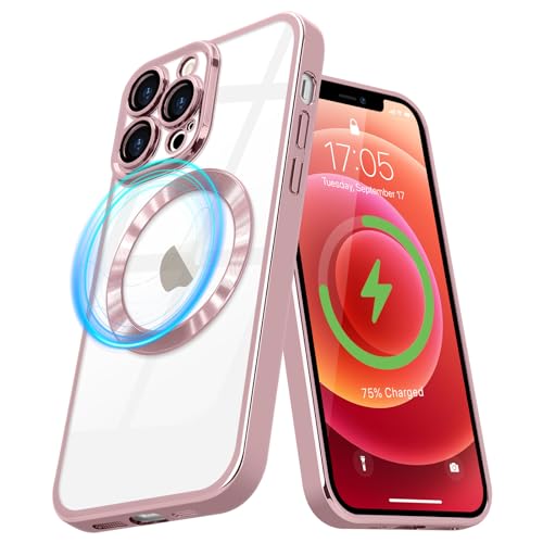 Pepmune Magnetisch Hülle für iPhone 12 Pro Kompatibel mit MagSafe Durchsichtig Silikon Handyhülle mit Kameraschutz Ultra Dünn Stoßfest Magnetic Schutzhülle Clear Case für iPhone 12 Pro Rosa von Pepmune