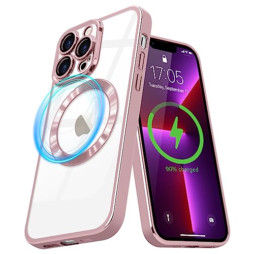 Pepmune Magnetisch Hülle für iPhone 13 Pro Kompatibel mit MagSafe Durchsichtig Silikon Handyhülle mit Kameraschutz Ultra Dünn Stoßfest Magnetic Schutzhülle Clear Case für iPhone 13 Pro Rosa von Pepmune