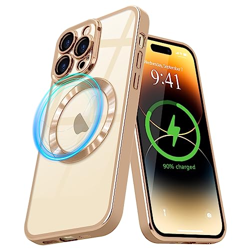 Pepmune Magnetisch Hülle für iPhone 14 Pro Kompatibel mit MagSafe Durchsichtig Silikon Handyhülle mit Kameraschutz Ultra Dünn Stoßfest Magnetic Schutzhülle Clear Case für iPhone 14 Pro Gold von Pepmune
