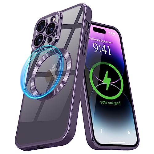 Pepmune Magnetisch Hülle für iPhone 14 Pro Kompatibel mit MagSafe Durchsichtig Silikon Handyhülle mit Kameraschutz Ultra Dünn Stoßfest Magnetic Schutzhülle Clear Case für iPhone 14 Pro Lila von Pepmune