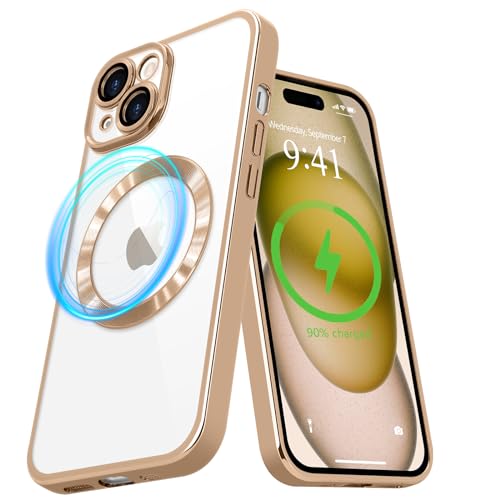 Pepmune Magnetisch Hülle für iPhone 15 [Kompatibel mit MagSafe] Durchsichtig Silikon Handyhülle Ultra Dünn Stoßfest Magnetic Schutzhülle Clear Case für iPhone 15 Gold von Pepmune