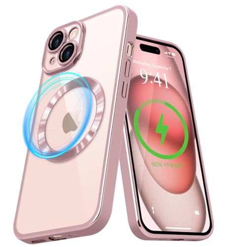 Pepmune Magnetisch Hülle für iPhone 15 [Kompatibel mit MagSafe] Durchsichtig Silikon Handyhülle Ultra Dünn Stoßfest Magnetic Schutzhülle Clear Case für iPhone 15 Rosa von Pepmune
