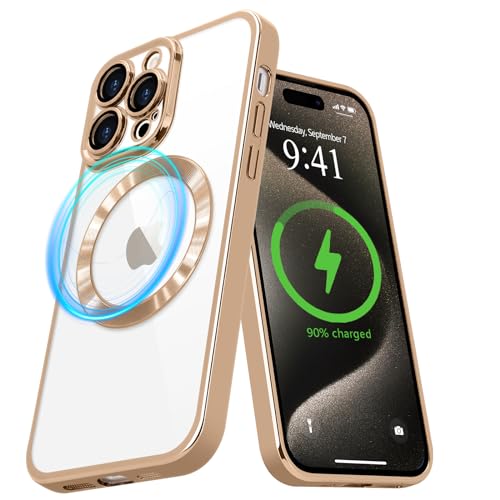 Pepmune Magnetisch Hülle für iPhone 15 Pro [Kompatibel mit MagSafe] Durchsichtig Silikon Handyhülle Ultra Dünn Stoßfest Magnetic Schutzhülle Clear Case für iPhone 15 Pro Gold von Pepmune