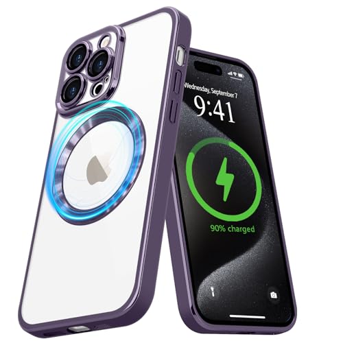 Pepmune Magnetisch Hülle für iPhone 15 Pro [Kompatibel mit MagSafe] Durchsichtig Silikon Handyhülle Ultra Dünn Stoßfest Magnetic Schutzhülle Clear Case für iPhone 15 Pro Lila von Pepmune