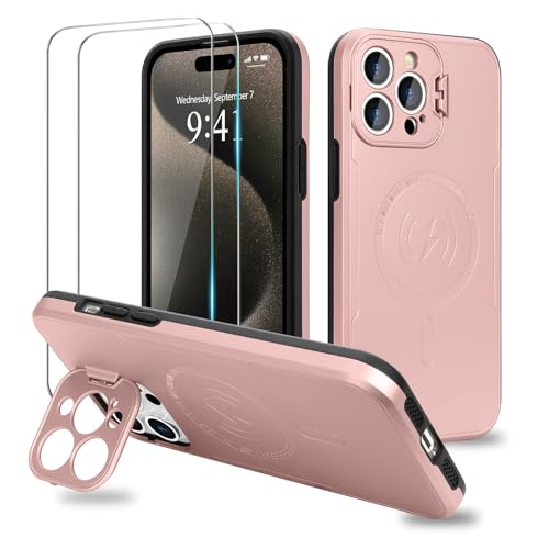 Pepmune Magnetisch Hülle für iPhone 15 Pro Max mit 2 Stück Schutzfolie [Kompatibel mit MagSafe] Militärschutz Handyhülle mit Unsichtbarem Ständer Stoßfest Schutzhülle für iPhone 15 Pro Max Roségold von Pepmune