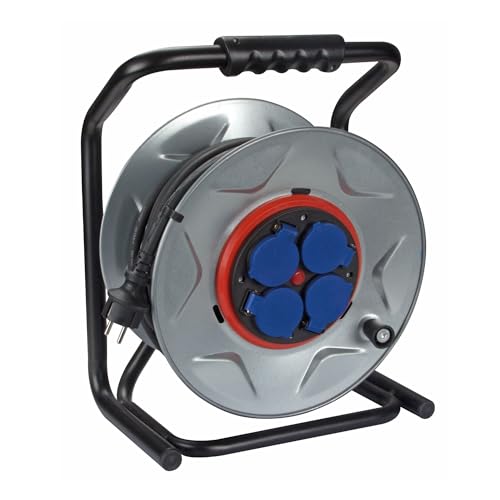 Perel Professionelle Kabeltrommel, Kabelrolle Außenbereich, Verlängerungskabel, Stromtrommel, 4 Steckdosen Typ E mit Klappdeckel, Anti-Twist-System, 40 m, 3G2.5, grau/schwarz von Perel