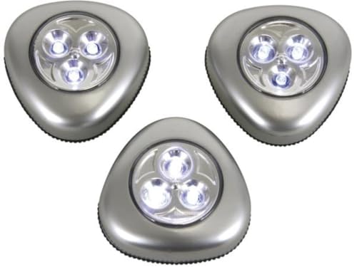 Perel Selbstklebende LED-Leuchten, Set aus 3 Stück, mit einfachem Ein-/Ausschaltknopf, 3 Alkalibatterien, 3 LEDs pro Lampe, kabellos, flexible Platzierung in Schrank, Ankleide, Flur, grau von Perel