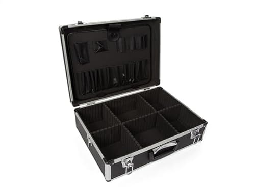 Perel Werkzeugkoffer, Werkzeugtascheneinsätze, verstellbare Facheinteilung, Schlüsselschloss, 2 Schlüssel, Aluminium, Schwarz, 455 x 330 x 152 mm von Perel