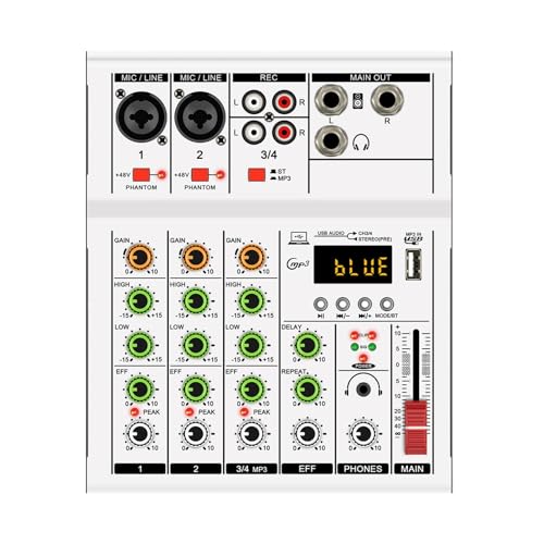 Perfeclan Audio Mixer Sound Board 4 Kanal RCA Analog Mixer Sound Mischpult Professionelle für Karaoke DJ Broadcast Aufnahme Bühne, Weiß von Perfeclan