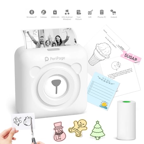 Etikettendrucker, Monochrom, Mini Drucker für Smartphone,PeriPage Sticker Drucker Klein Mini Fotodrucker Thermodrucker USB Taschen Label Printer Schwarz Weiss von PeriPage