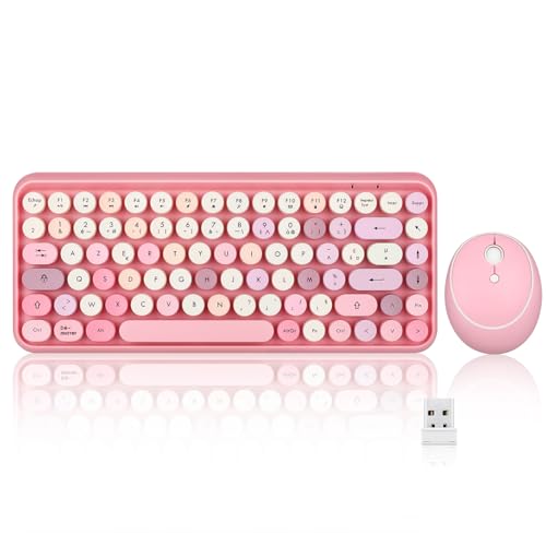 Perixx Periduo-713 Mini-Tastatur und Maus, kabellos, USB, 2,4 GHz, abgerundete Tasten im Retro-Stil, Pastellrosa, AZERTY von Perixx