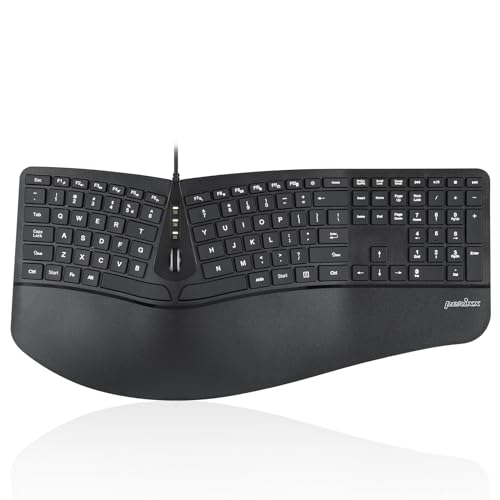 Perixx PERIBOARD-330B Kabelgebundene ergonomische Tastatur mit Verstellbarer Handballenauflage, beleuchteten Tasten und Membran-Tasten, 2 zusätzliche USB-Anschlüsse, US-Englisch-Layout von Perixx