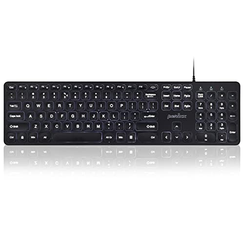 Perixx PERIBOARD-331 USB-Tastatur mit Hintergrundbeleuchtung, schlankes Design mit großen Schrifttasten, weiße beleuchtete LED, US-Englisch-Layout von Perixx