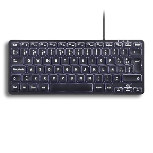 Perixx PERIBOARD-332 Mini-USB-Tastatur mit Hintergrundbeleuchtung, mit Kabel, Scheren-Tasten, Typ X, weiße Hintergrundbeleuchtung - Schwarz - Spanisch QWERTY von Perixx