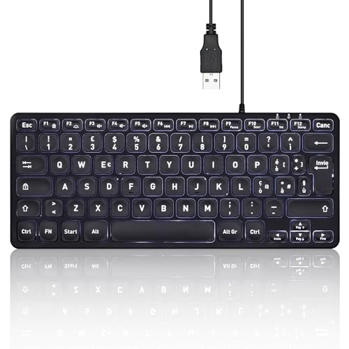 Perixx PERIBOARD-332BIT Mini-USB-Tastatur mit Hintergrundbeleuchtung,Große Schriftarten,Low-Profile-Tasten,Weiße LED-Hintergrundbeleuchtung,Italienisches Layout,Schwarz von Perixx