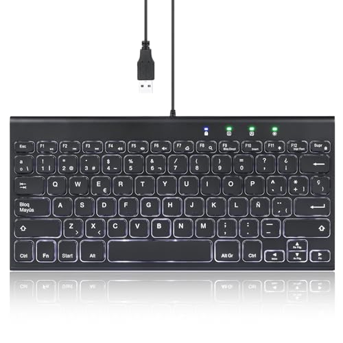 Perixx PERIBOARD-429 Mini-Tastatur mit Hintergrundbeleuchtung, schlankes und leichtes Design, Multimedia-Tasten, für PC, Laptop, Schwarz, spanisches QWERTY-Layout von Perixx