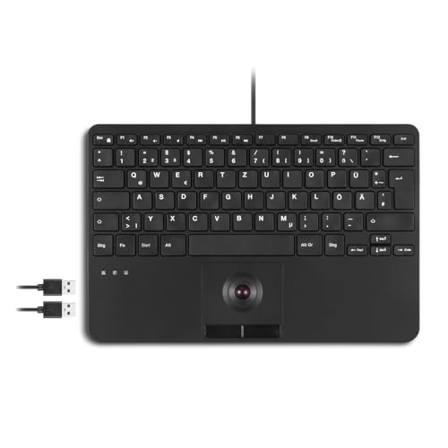 Perixx PERIBOARD-526 DE, kabelgebundene Mini-USB-Tastatur mit Trackball - X-Typ Scherentasten - 11,18x7,17x1,1 Zoll - 2 USB-Hubs integriert - DE Layout von Perixx