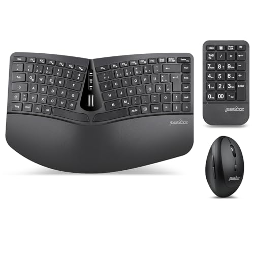 Perixx PERIDUO-606A 3-in-1 Kabellose Ergonomische Tastatur, Vertikale Maus, Numerisches Tastenfeld, Verstellbare Handballenauflage, QWERTZ von Perixx