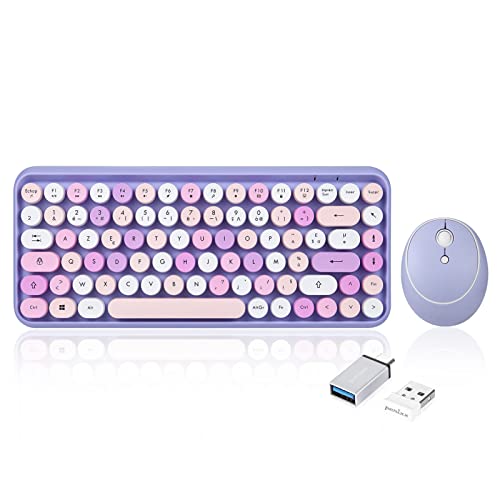Perixx PERIDUO-713 Kabellose Mini-Tastatur und Maus, 2,4 GHz, abgerundete Retro-Tasten, Violett, AZERTY von Perixx