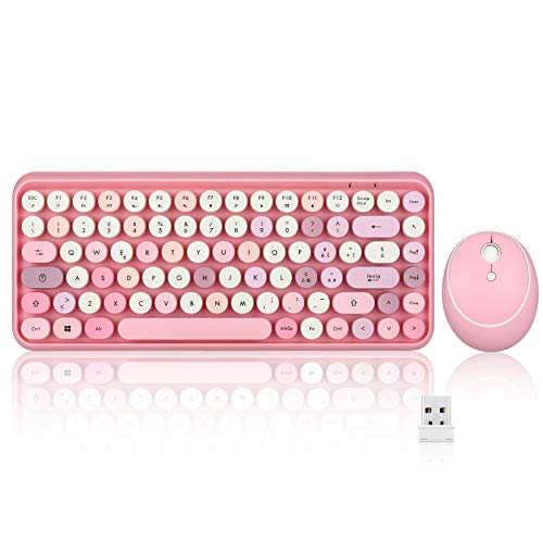 Perixx PERIDUO-713 Kabellose Tastatur und Maus, runde Tasten, Retro Schreibmaschine Design, Multimedia-Tasten, Cute Pink, Italienische QWERTY von Perixx