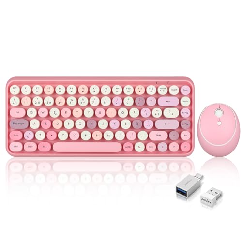 Perixx PERIDUO-713 Set de ratón y Mini teclado inalámbrico 2.4 GHz, Teclas redondas Estilo Retro, para PC y Tablet, Rosa Pastel, Español QWERTY von Perixx