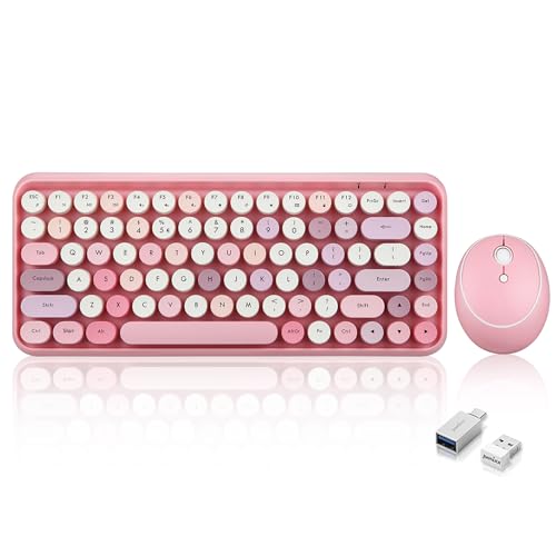 Perixx PERIDUO-713PK Wireless Mini Keyboard and Mouse Combo - Retro Round Key Caps - Pastel Pink - US English Layout… von Perixx