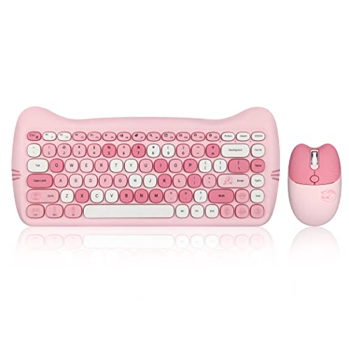 Perixx PERIDUO-715 Wireless Mini Keyboard and Mouse Set - Cute Cat-Like Design - Pink Candy Colors - Portable Travel Bag - Type-C Adapter - US English von Perixx