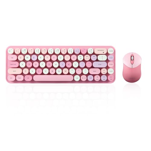 Perixx PERIDUO-802PK Bluetooth Mini Keyboard and Mouse Combo - Retro Round Key Caps - Pastel Pink - US English von Perixx