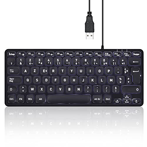 perixx PERIBOARD-332 Mini-Tastatur, Hintergrundbeleuchtung, kabelgebunden, USB, schlankes Design, mit aufgedruckten Tasten in Fett und Groß, LED-Beleuchtung, Weiß, französisches AZERTY von Perixx