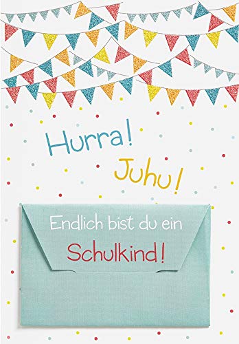 Perleberg - schöne Karte zum Schulanfang mit Juhu Schrift - hochwertige Karten zur Einschulung - Einschulung Karten mit Umschlag - Glückwunschkarte mit Geldgeschenk 11,6 x 16,6 cm von Perleberg