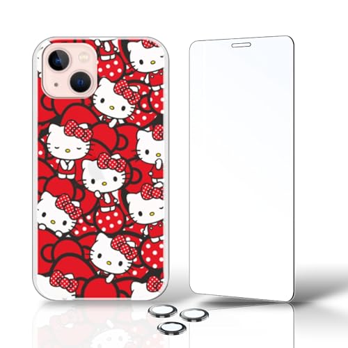 PERSONALAIZER Schutzhülle für iPhone 13 + Hartglas + Kameraobjektiv-Schutzfolien, iPhone 13, originelles Design, Silikonhülle, (Hello Kitty Rote Schleifen und Tupfen) von Personalaizer