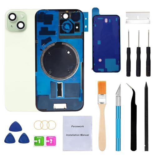 Perzework OEM Ersatz-Rückglas für iPhone 15, 15,5 cm (6,1 Zoll), vorinstallierte Platte, Kamerarahmen und Objektiv, Reparaturwerkzeug-Set, Grün von Perzework