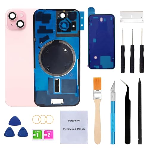 Perzework OEM Ersatz-Rückglas für iPhone 15 Plus 6,7 Zoll + vorinstallierte Platte und Kamerarahmen und Objektiv + Reparaturwerkzeug-Set (Rosa) von Perzework