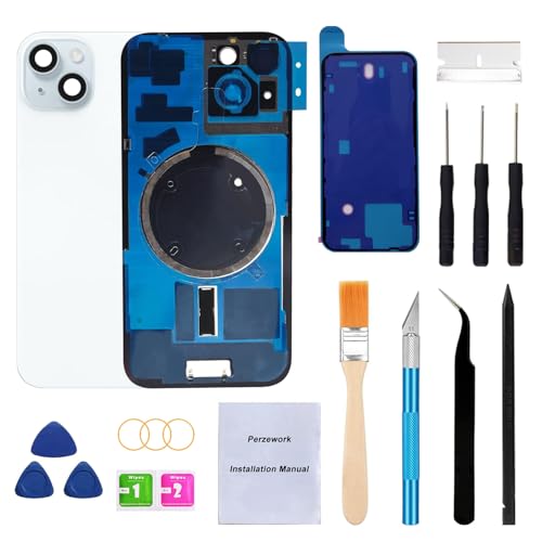 Perzework OEM Ersatz-Rückglas für iPhone 15 Plus 6,7 Zoll + vorinstallierte Platte und Kamerarahmen und Objektiv + Reparaturwerkzeug-Set (blau) von Perzework