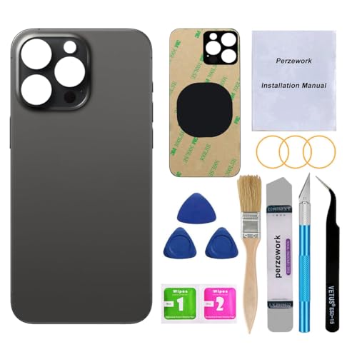 Perzework OEM Ersatz-Rückglas für iPhone 15 Pro Max, 17 cm (6,7 Zoll), mit Reparaturwerkzeugset, Schwarz von Perzework