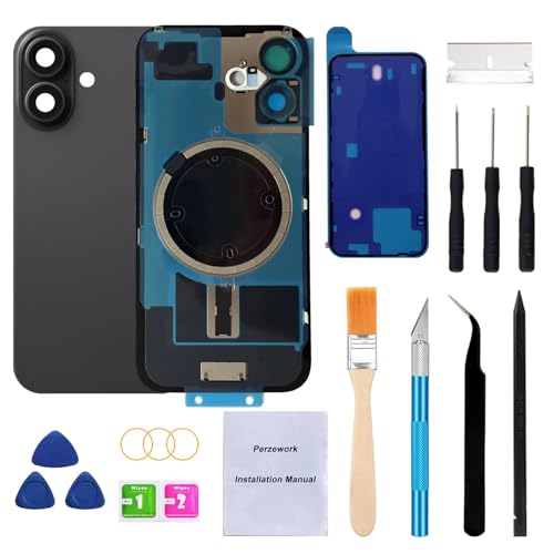 Perzework OEM Ersatz-Rückglas für iPhone 16 Plus 6,7 Zoll + vorinstallierte Platte und Kamerarahmen und Objektiv + Reparaturwerkzeug-Set (schwarz) von Perzework