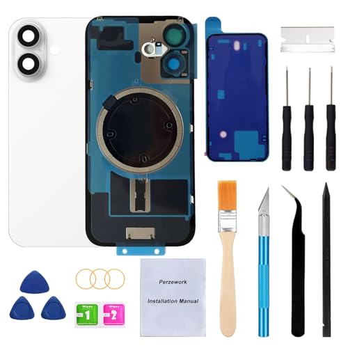 Perzework OEM Ersatz-Rückglas für iPhone 16 Plus 6,7 Zoll + vorinstallierte Platte und Kamerarahmen und Objektiv + Reparaturwerkzeug-Set (weiß) von Perzework