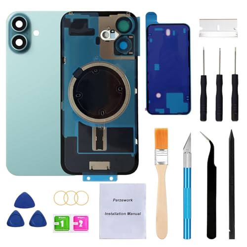 Perzework OEM Ersatz-Rückglas für iPhone 16 Plus 6,7 Zoll mit vorinstallierter Platte und Kamerarahmen und Objektiv + Reparaturwerkzeug-Set (Blaugrün) von Perzework