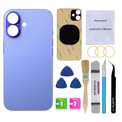 Perzework OEM Ersatz-Rückglas für iPhone 16 Plus 6,7 Zoll mit vorinstallierter Platte und Kamerarahmen und Objektiv + Reparaturwerkzeug-Set (Ultramarine) von Perzework