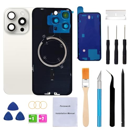 Perzework OEM Rückglas Ersatz für iPhone 15 Pro 6,1 Zoll + Vorinstallierte Platte und Kamerarahmen + Reparatur-Toolkit (Weißes Titan) von Perzework