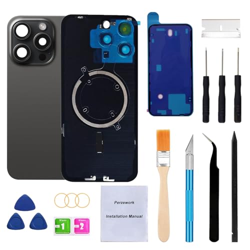 Perzework OEM Rückglas Ersatz für iPhone 15 Pro 6,1 Zoll + vorinstallierte Platte und Kamerarahmen + Reparatur-Toolkit (Schwarzes Titan) von Perzework