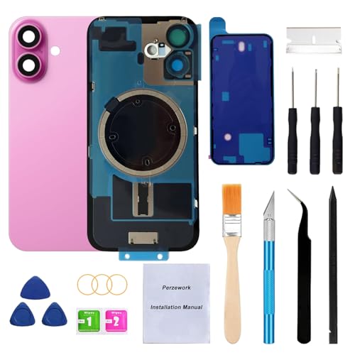Perzework OEM Rückglas Ersatz für iPhone 16 Plus 6,7 Zoll mit + vorinstallierter Platte und Kamerarahmen und Objektiv + Reparaturwerkzeug-Kit (Rosa) von Perzework
