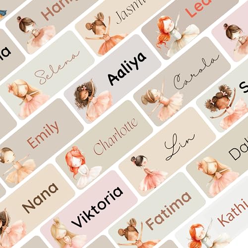 Namensaufkleber Set für Kinder in der Schule (150 Stück), Personalisierte Namensetiketten für Schulsachen, waschmaschinenfest (Ballerina) von Petite Print